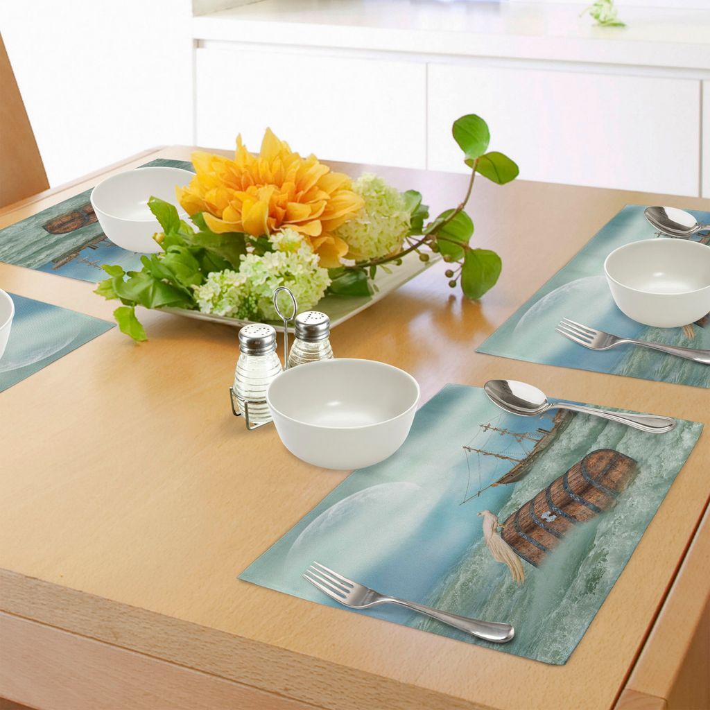 ABAKUHAUS Fantasie Platzmatten, Antiker Alter Stamm in den Ozean-Wellen mit magischem Vogel-Piraten-Boots-Bild, Tiscjdeco aus Farbfesten Stoff für...