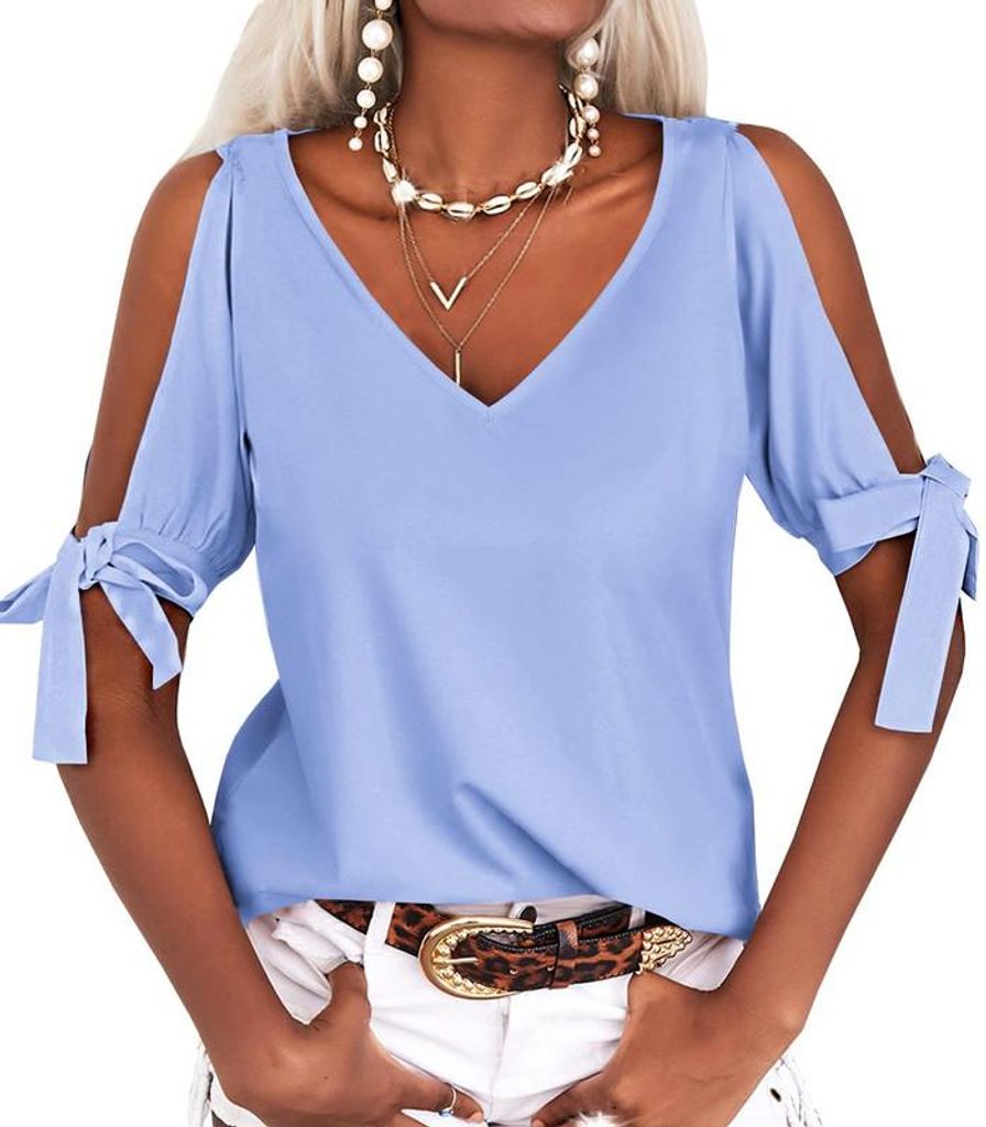Damen-T-Shirt mit V-Ausschnitt und schulterfreiem Design sowie Cut-out-Muster