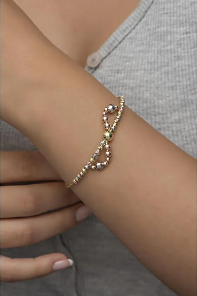 Bracelet infini argent 925 femme avec boules Dorika dorées - Longueur 18cm
