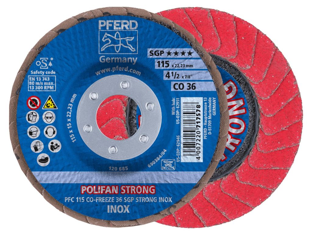 PFERD POLIFAN flap discs ceramic oxide grain CO-FREEZE SGP STRONG INOX, 11,5 cm, 10 Stück(e)