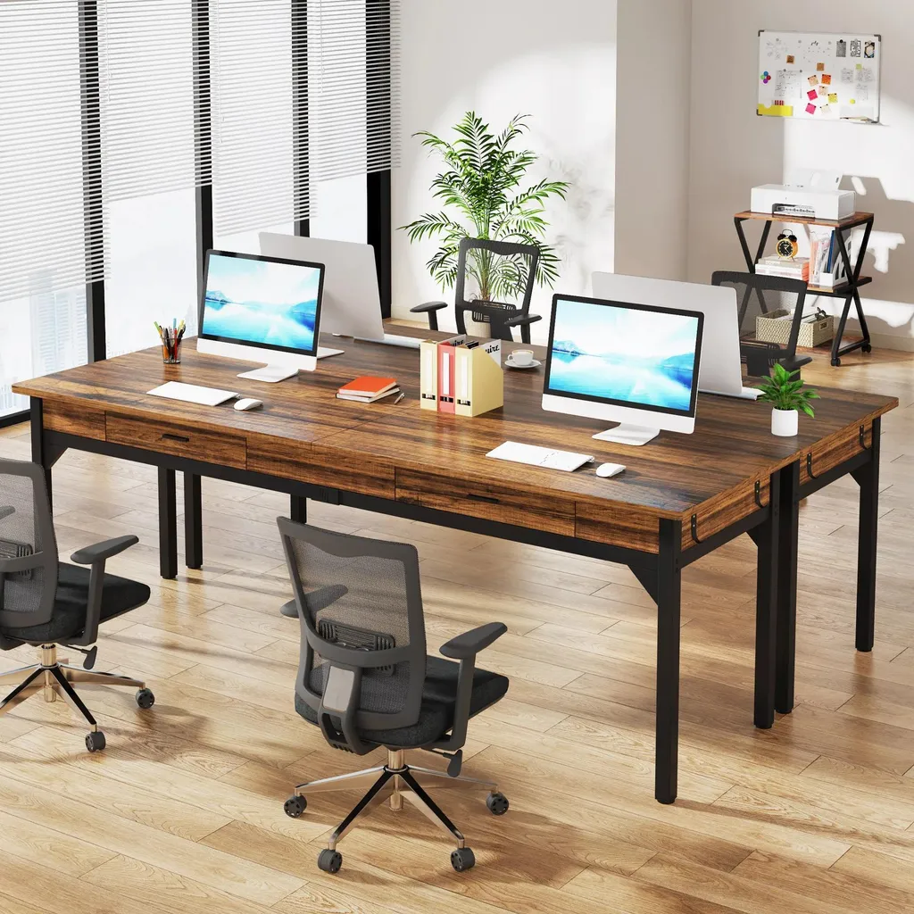 Bureau 2 Personnes Extra-Long 200 cm - Structure Métal Chocolat
