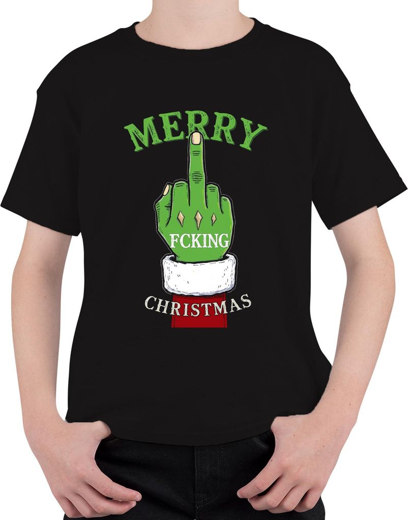 Merry Fcking Christmas Grinch Mittelfinger frech lustig böse Uni Kinder T-Shirt, Schwarz, 128