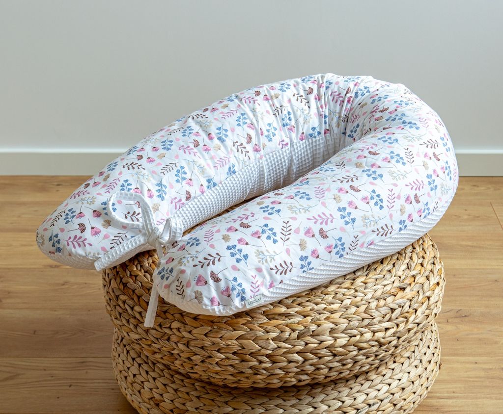 170 cm M/L Kissen Seitenschläferkissen Schwangerschaftskissen Stillkissen Bezug WEIß Waffelpique/ ROSA Blumenwiese Relaxkissen Schlafen LOOLAY