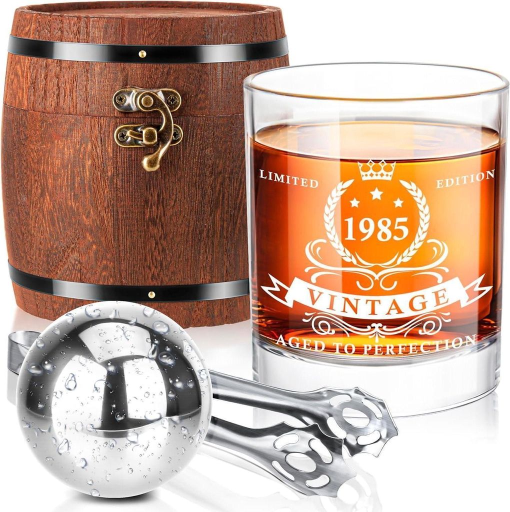1984 Whiskyglas-Set in Fassbox, 40. Geburtstagsgeschenke Produktbild 