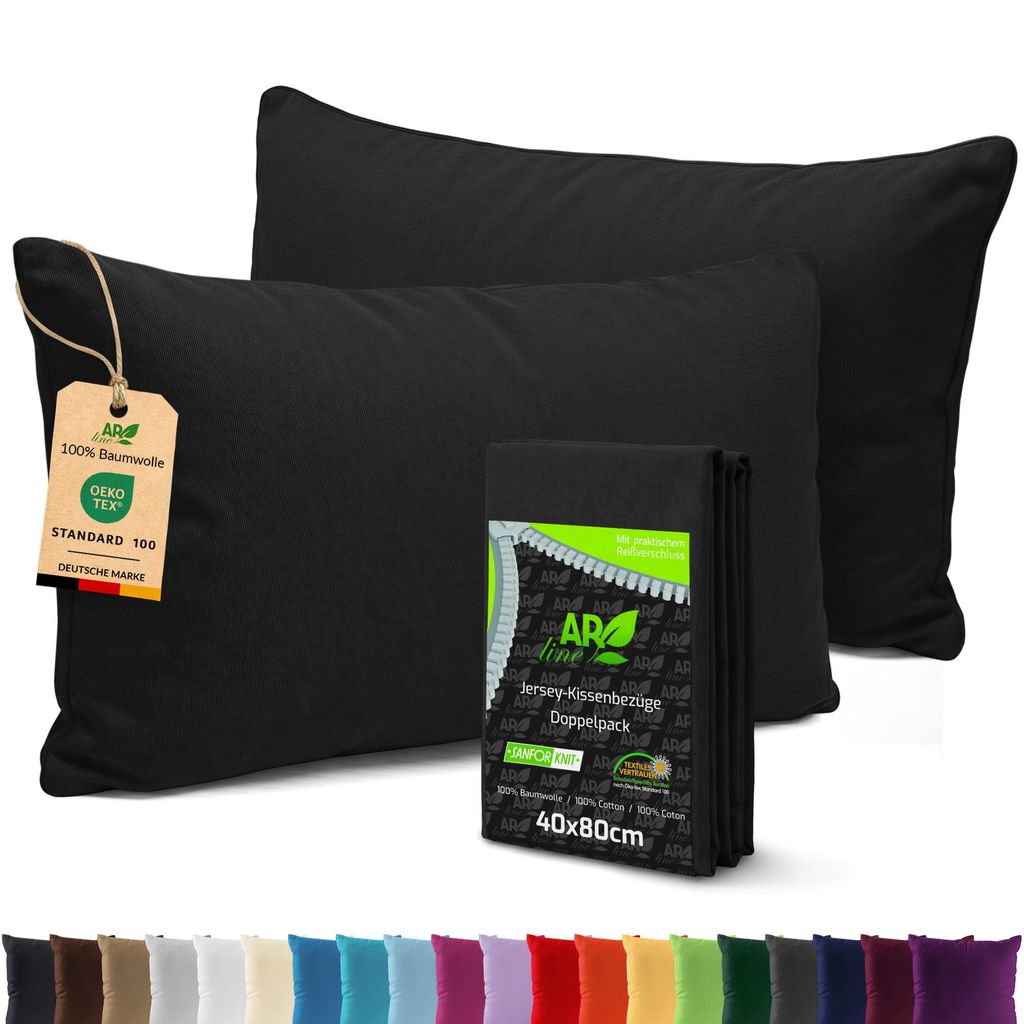 AR Line 2er Pack Jersey Kissenbezüge 40x80 Baumwolle – weich, atmungsaktiv, Kissenhüllen mit Reißverschluss, in Farbe: Schwarz