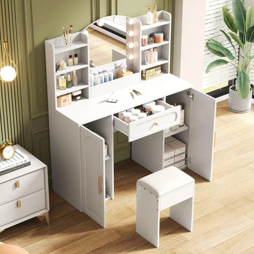 Coiffeuse blanche 110x40 cm avec miroir LED réglable et tabouret moderne