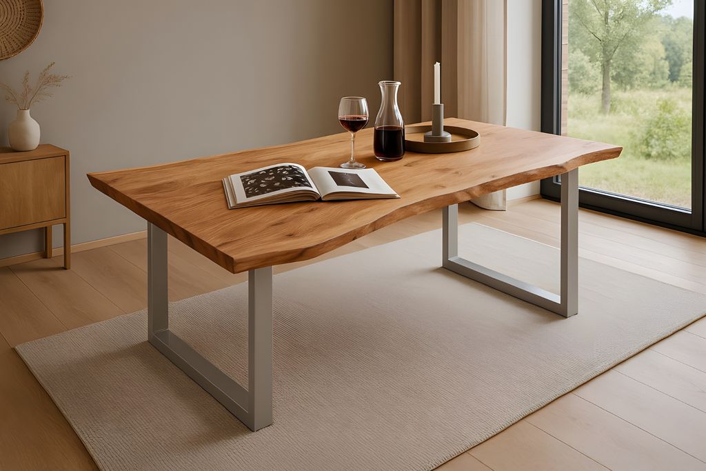 Esstisch Baumkante massiv Akazie natur 120 x 80 U-Gestell Produktbild 