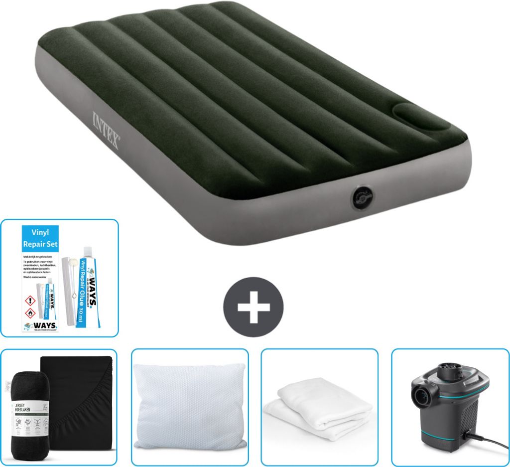 Intex Luftbett - 1 Person - 99 x 191 x 25 cm - Grün - Spannbettuch - Küssen - Pumpe - Reperaturset en Kissenschutz