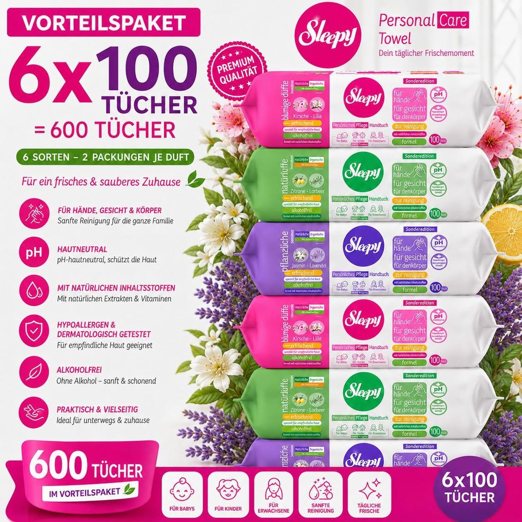 Sleepy Easy Clean Sensitive Mix Set 6x100 Tücher – Zitrone Produktbild 