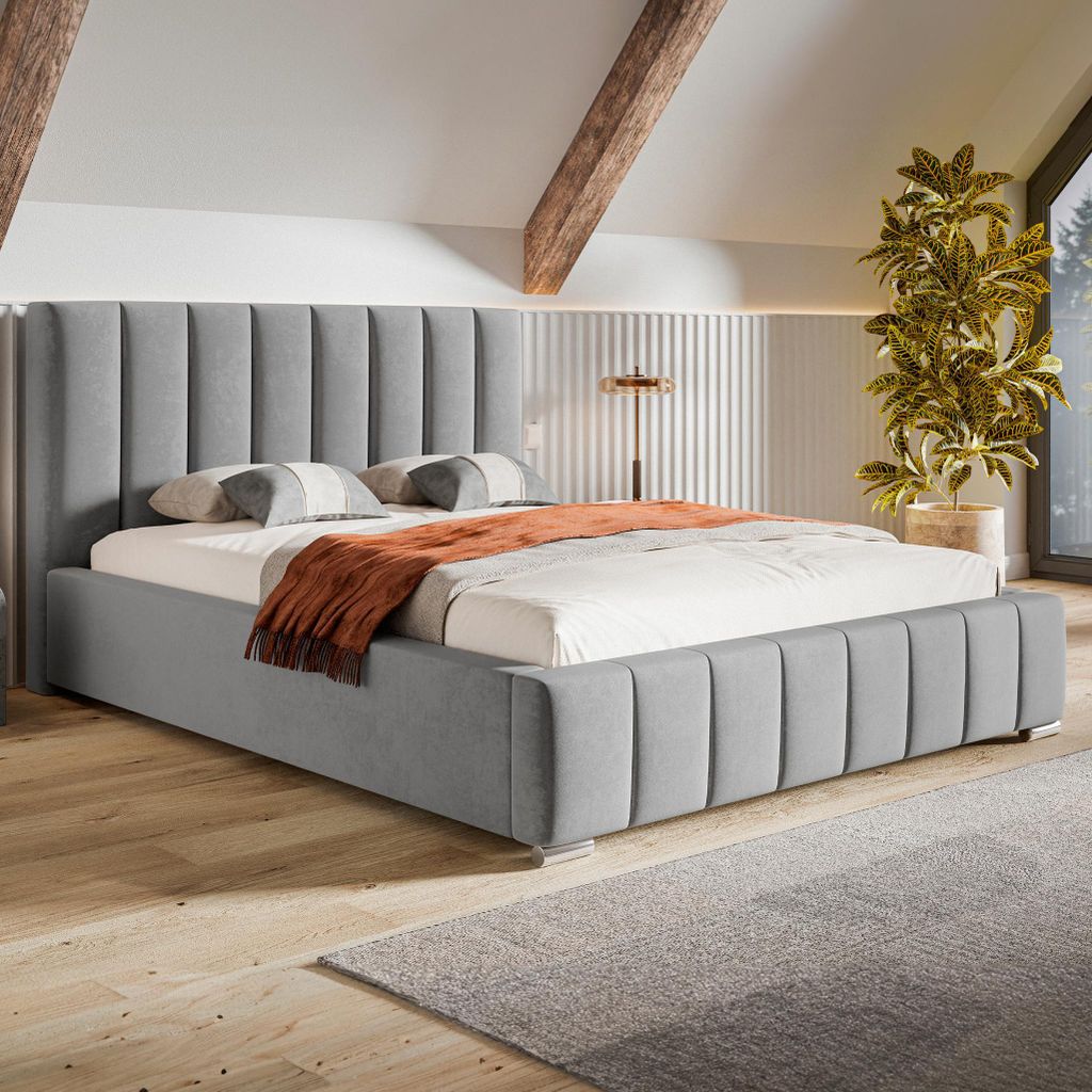 MOTIVENA Vigo Polsterbett 120x200 mit Bettkasten, Metall Lattenrost, Bett 120x200 Grau Samt (Jasmine 90)