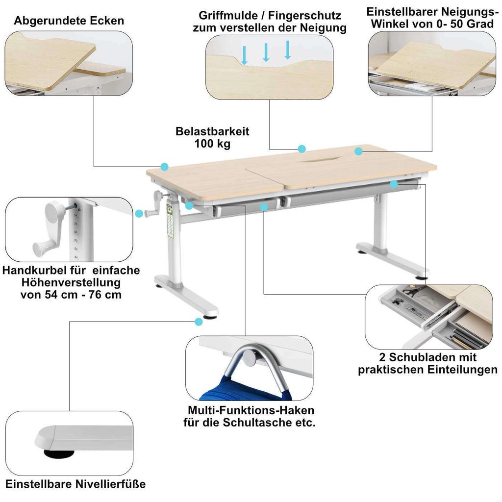 HOKO® Kinderschreibtisch höhenverstellbar 54-76 cm, Produktbild 4