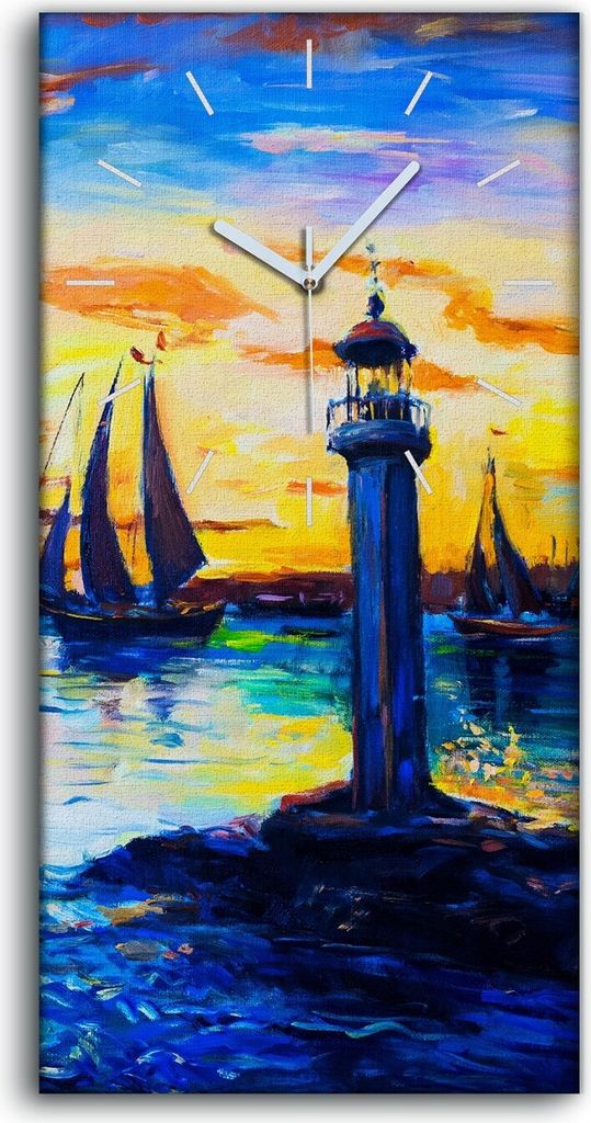Wandkunst Leinwand Bild Uhr Quarz 30x60 Wasser segel Boote bunte Leuchtturm - weiße Hände