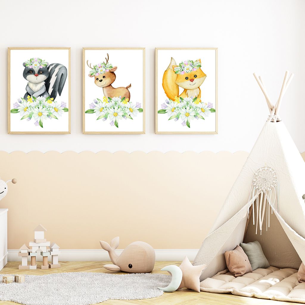 Waldtiere 3er Set Bilder Stinktier Reh Fuchs Kinderzimmer Deko DIN A4 Poster Babyzimmer Wandbilder