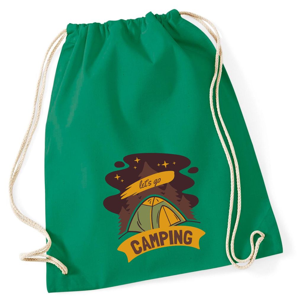 Huuraa Turnbeutel let ́s go camping Zelt 12 Liter Kelly Green Baumwolle Rucksack Geschenkidee