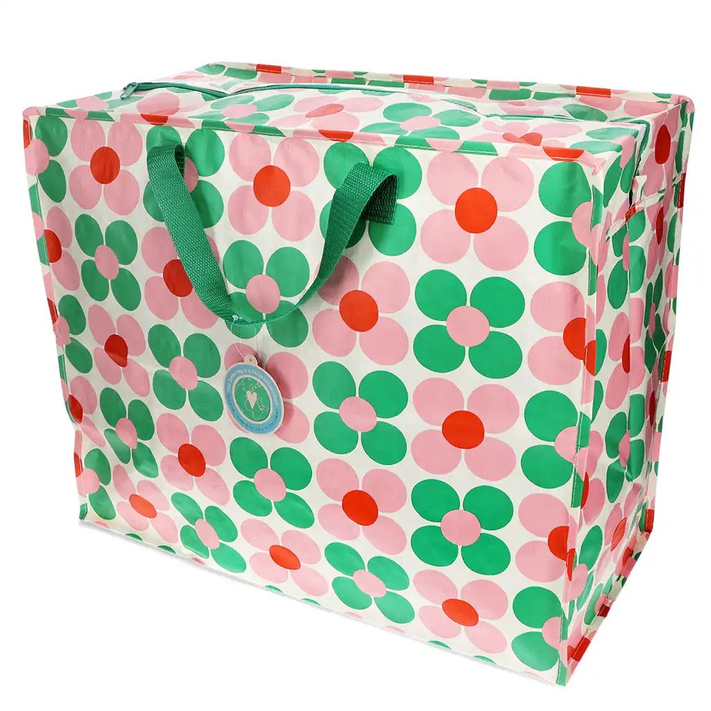 Rex London - XXL Riesentasche, Aufbewahrungstasche mit Reißverschluss -Pink  & Green Daisy