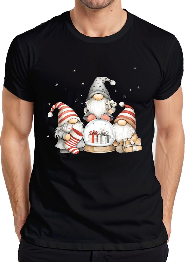 Weihnachtswichtel Schneekugel Geschenke skandinavisch Retro Herren T-Shirt, Schwarz, 3XL