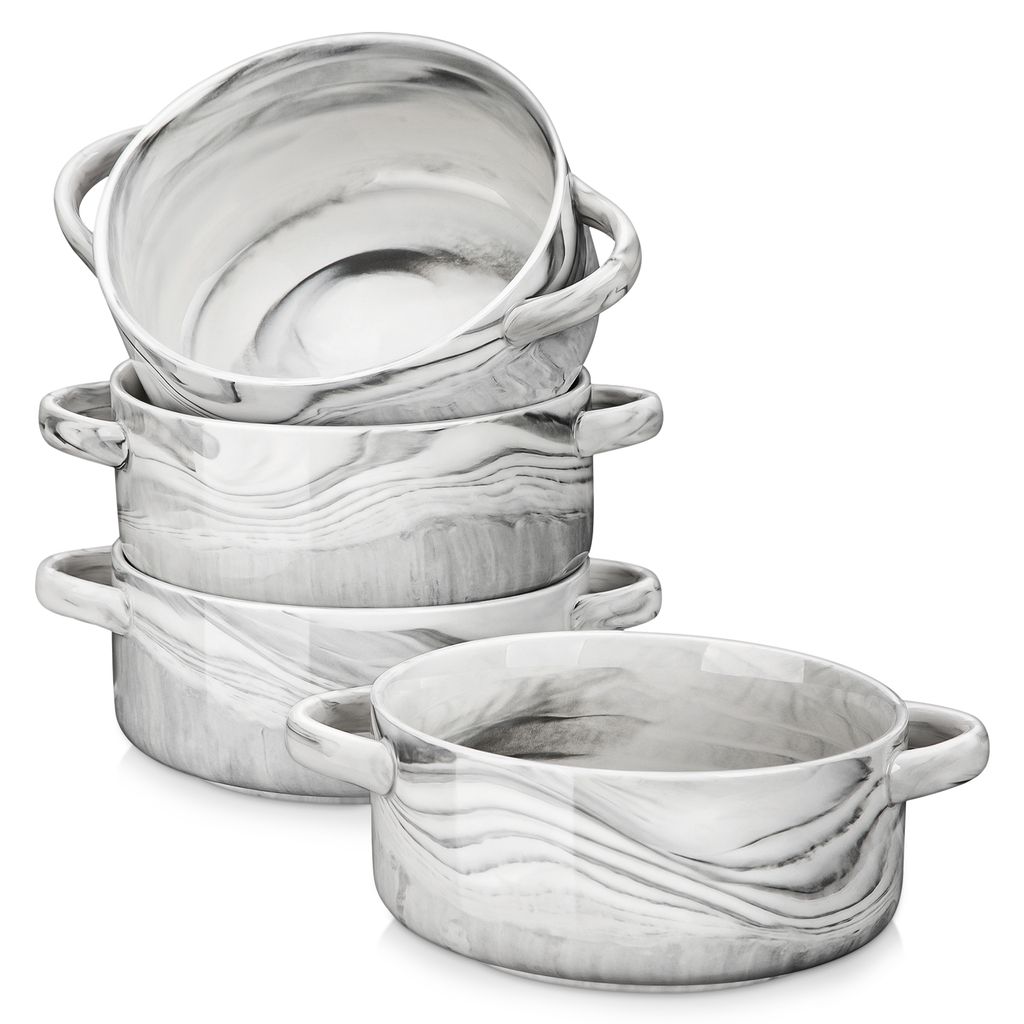MALACASA 4-tlg. Suppenschüssel aus Porzellan, Müslischalen in Marmor-Grau, Schüssel-Set mit Griffen, 800 ML