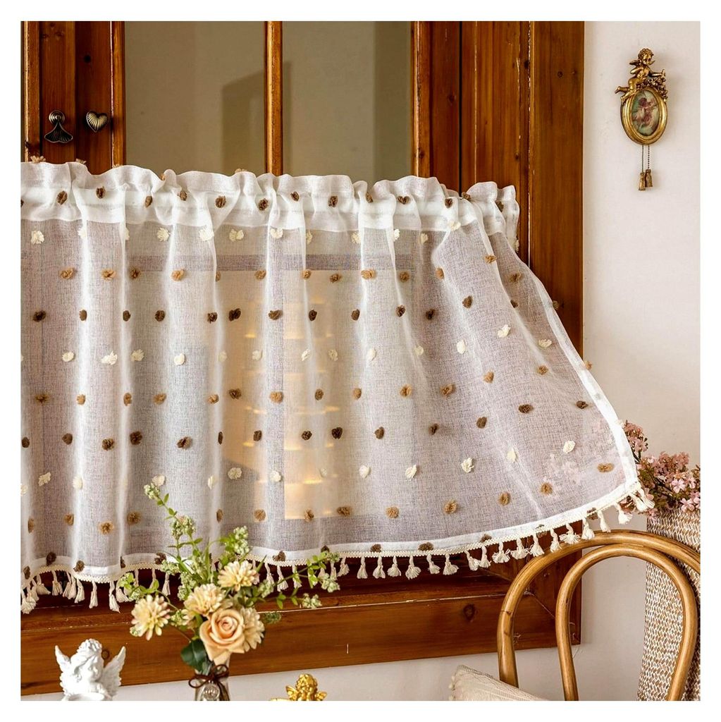 Scheibengardine aus Tüll mit buntem Bommelbesatz für Kinderzimmer, Wohnzimmer und Küche, Kurzstore mit Stangendurchzug, 1 Stück HxB 45x100cm