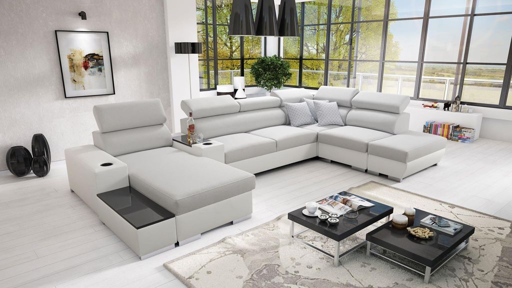 Wohnlandschaft in U-Form PERS V Ecksofa Eckcouch mit Schlaffunktion (Grau LUXO 6601 + weißes Kunstleder, Links)
