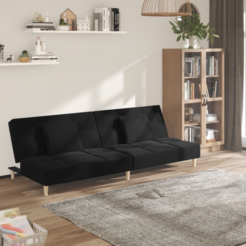 Design Schlafsofa 2-Sitzer mit 2 Kissen Schwarz Stoff, Schlafsofas 2024 Neu