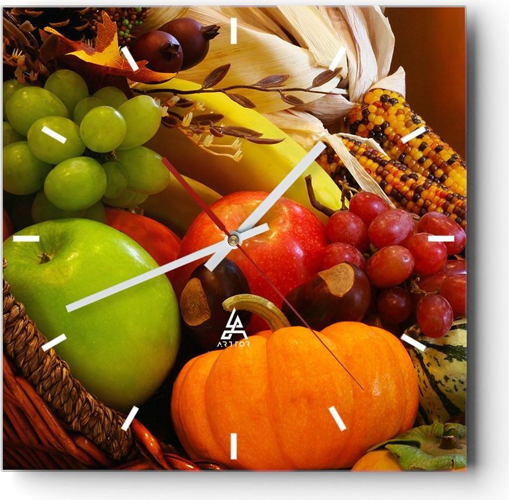 Wanduhr - Quadrat - Glasuhr - Weidenkorb Obst Gemüse - 40x40cm - Schleichendes Uhrwerk - Lautlos - zum Aufhängen bereit - Dekoration Modern - Wan...