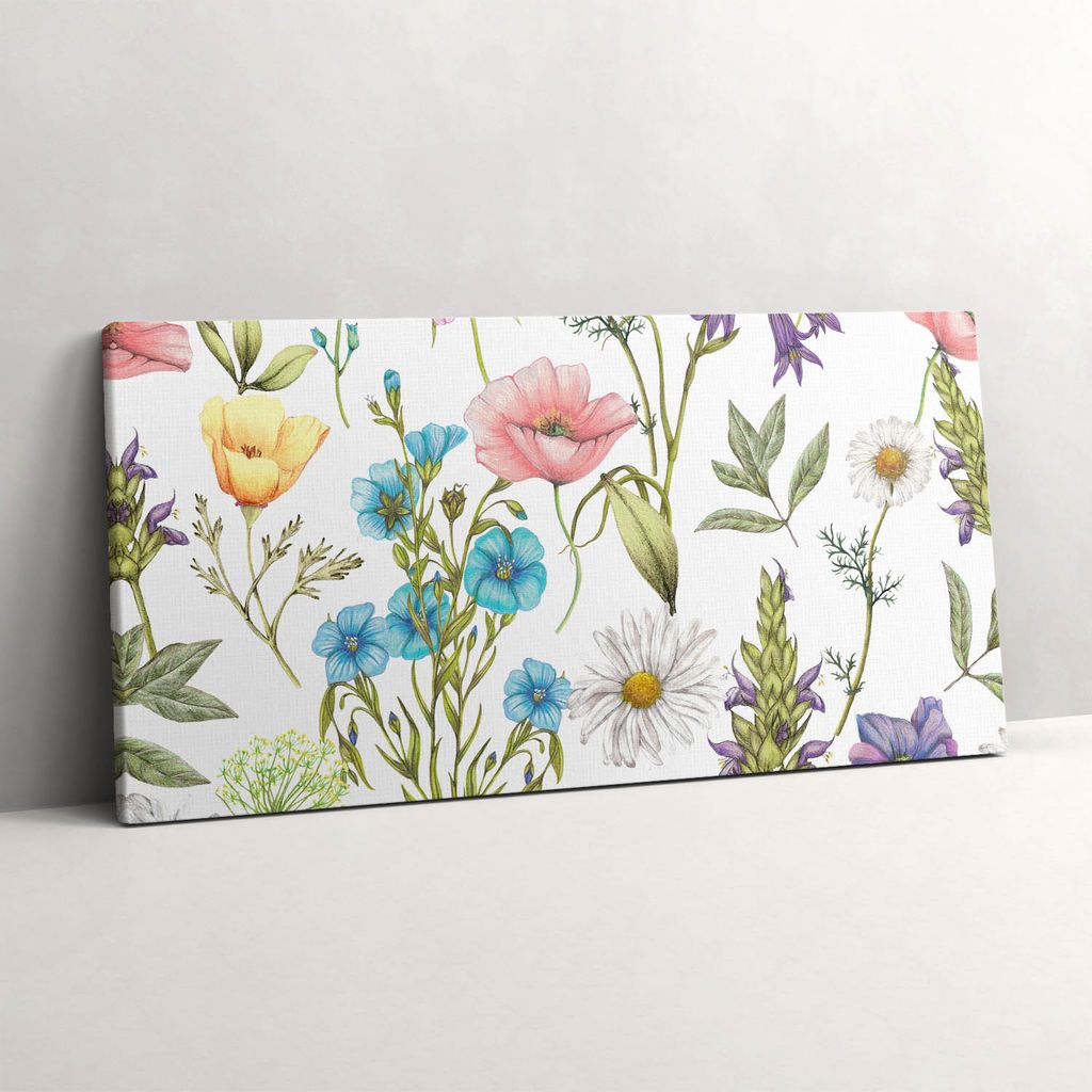 Florale Illustration - Blumenwiese – Leinwandbild Wandbild – 100x50 cm – Leinwandbilder – Wandbilder – Schlafzimmer – Flur