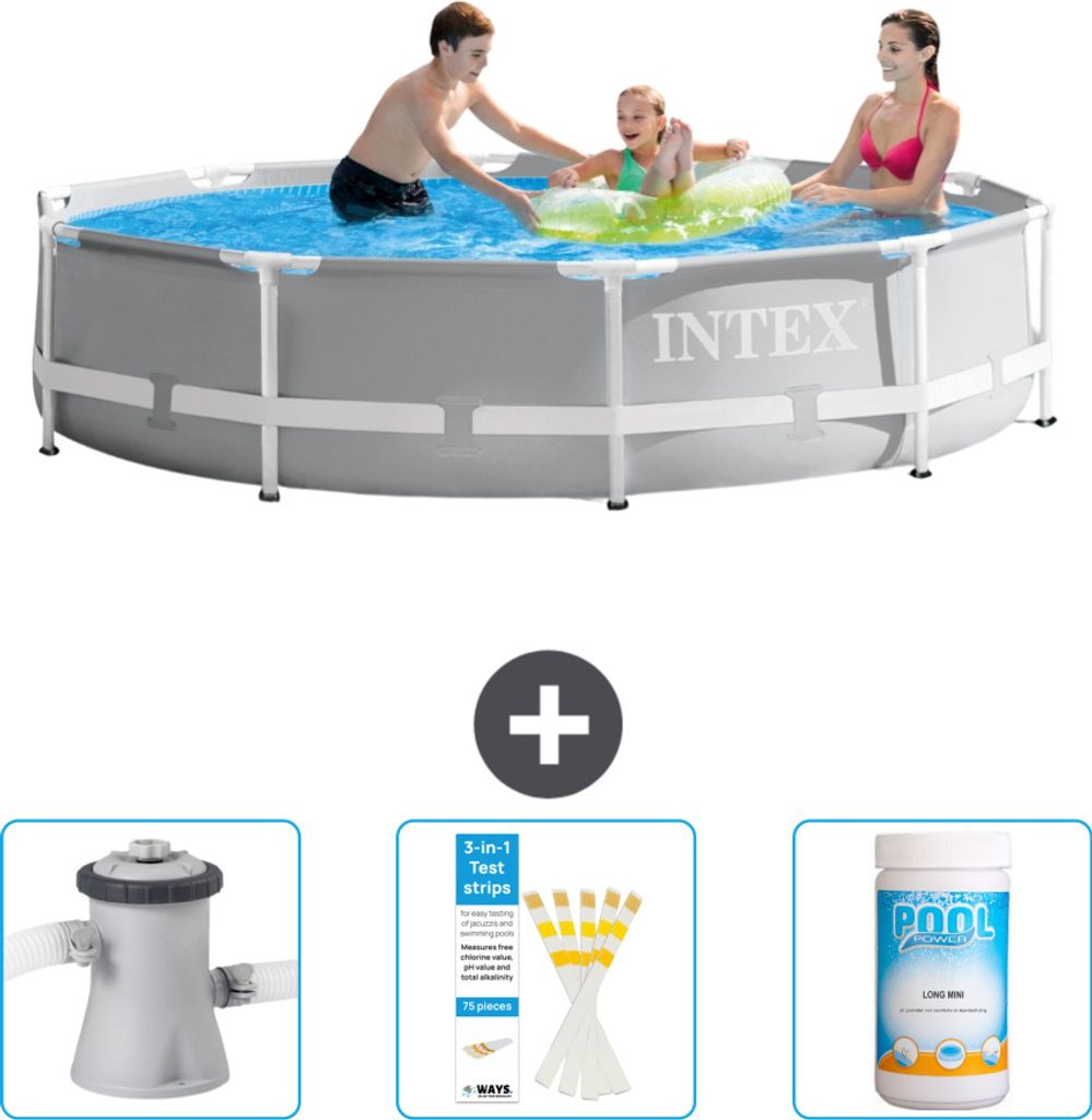 Intex-Schwimmbecken mit rundem Prismenrahmen – 305 x 76 cm – Grau – im Lieferumfang enthalten Filterpumpe für Schwimmbad - Teststreifen - Chlor