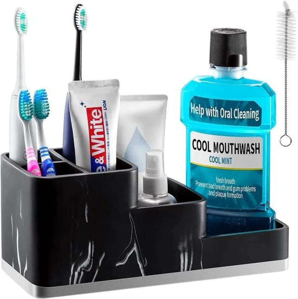 Porte-brosses à dents noir à 5 compartiments avec tablette de rangement