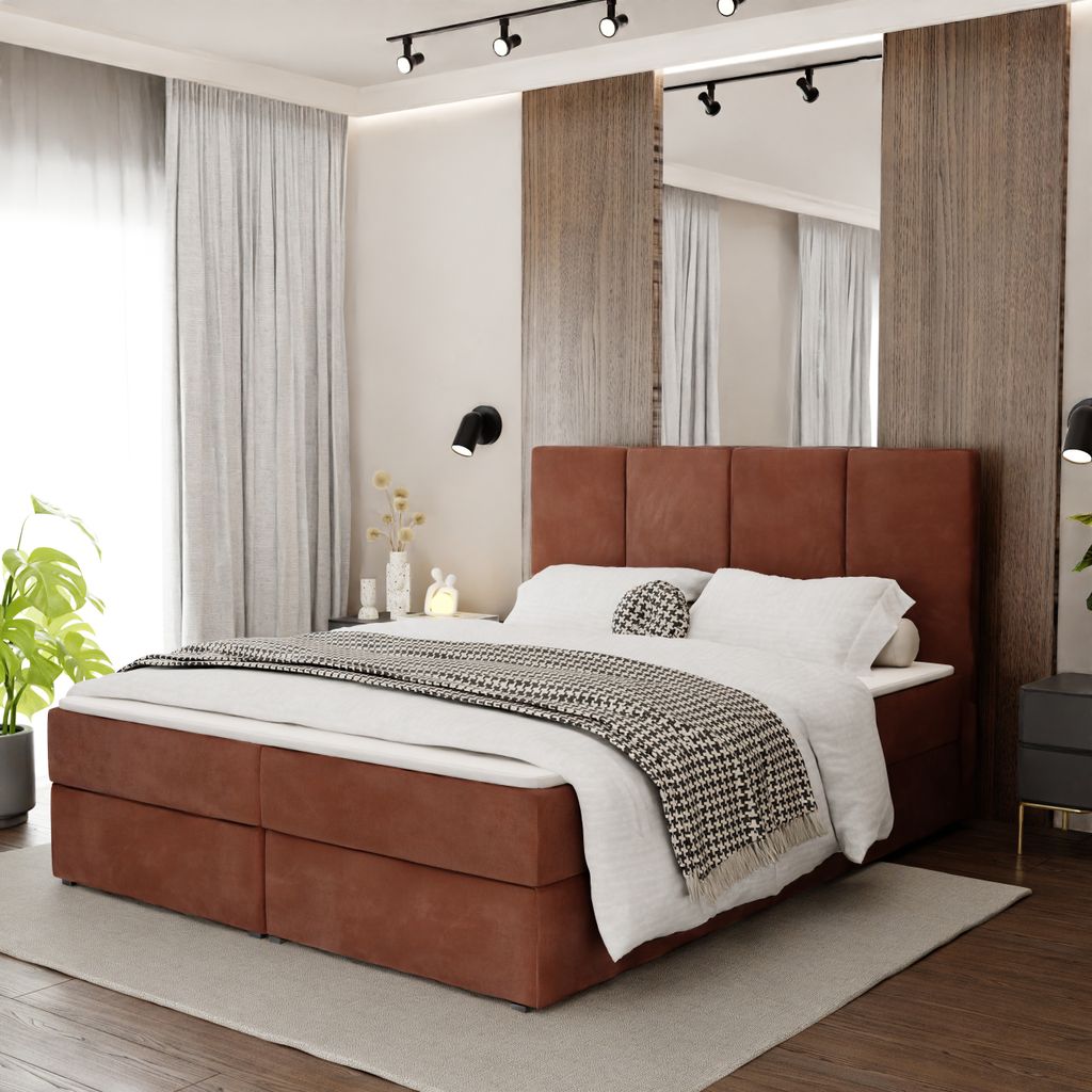 Muralo KONTINENTALBETT für Schlafzimmer Polsterbett mit zwei Bettkasten Bett mit Polsterkopfteil Doppelbett 140x200 Bett mit Stauraum Honigfarbe