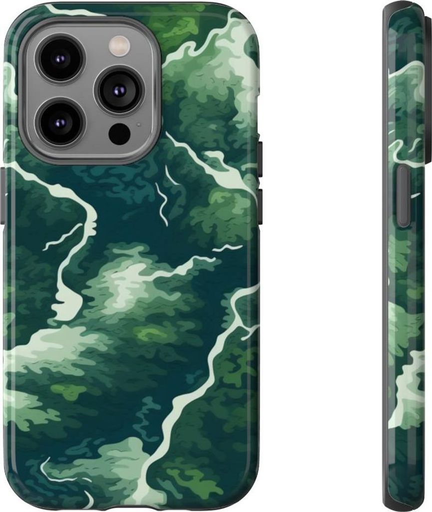 Abstraktes Fluss- und Waldmuster in Grün – Hülle Kompatibel mit iPhone 14 Pro