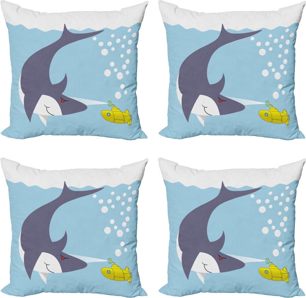 ABAKUHAUS Gelbes U-Boot Kissenbezug Set (4 Stück), Shark Bubbles, Moderner Doppelseitiger Digitaldruck, 60 cm x 60 cm, Blau, Grau, Gelb