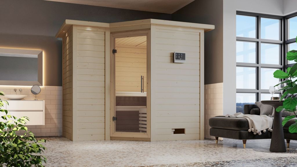 Karibu Sauna Innensauna Sahib 2 Eckeinstieg Ofen 9 KW externe Strg easy 264x198x214 cm mit Dachkranz mit Klarglastür