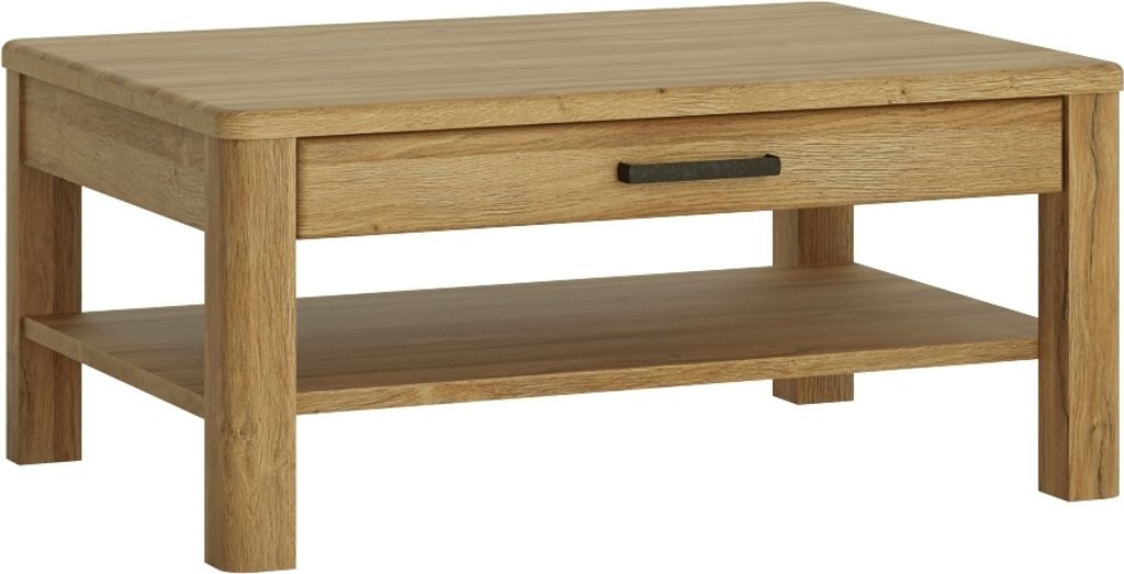 A wooden coffee table with a drawer and a lower shelf, shown against a white background.