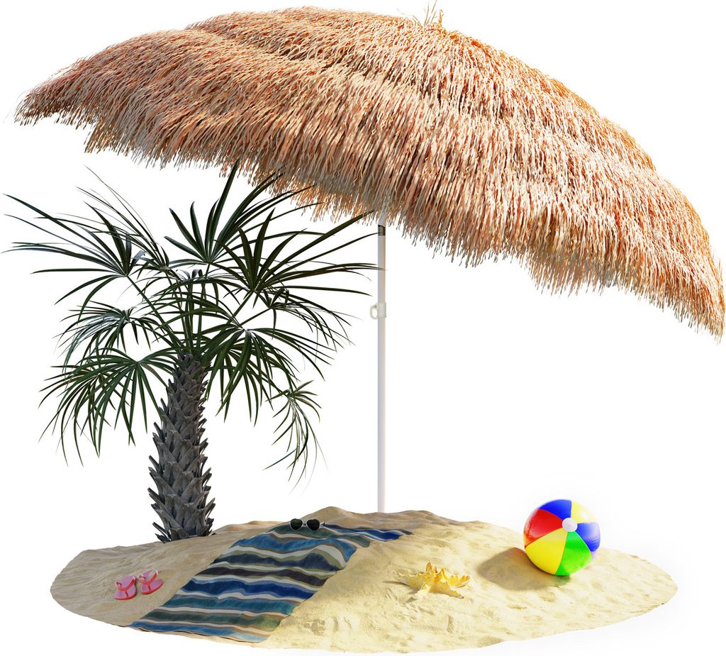 KINGSLEEVE Sonnenschirm Hawaii Ø160cm Neigbar Höhenverstellbar UV Schutz 30+ Groß Rund Balkon Strand Strohschirm Strandschirm Bast Hawaiischir...