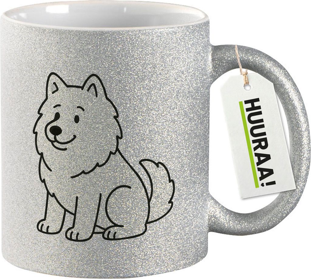 Huuraa Glitzertasse Samojede Comic Samo 330ml Silber Keramik Kaffeebecher Geschenkidee