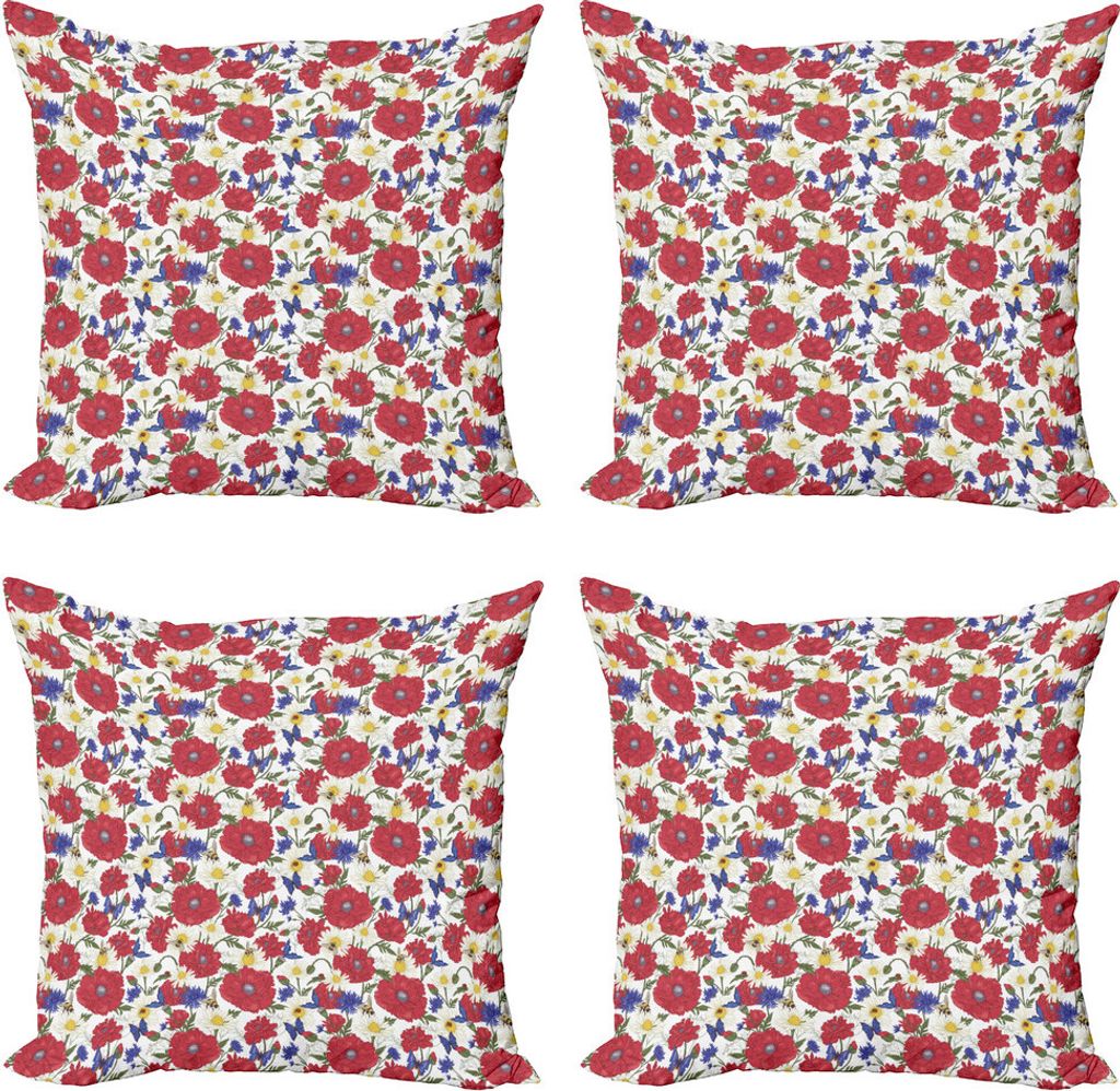 ABAKUHAUS Blumen Kissenbezug Set (4 Stück), Blooming Rote Mohnblumen, Moderner Doppelseitiger Digitaldruck, 60 cm x 60 cm, Mehrfarbig