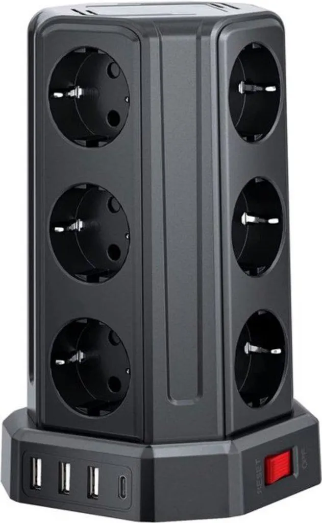 Bloc multiprise 12 fiches secteur et 5 ports USB cordon 5m noir renforcé