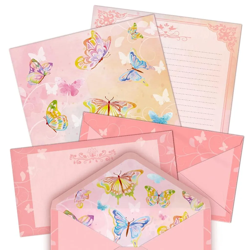 Papier à lettres pour écrire avec papillons roses et enveloppes adhésives