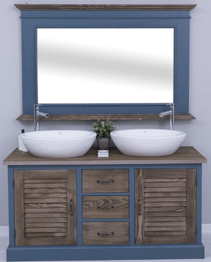 Casa Padrino Landhausstil Badezimmer Set Blau / Dunkelbraun - 1 Doppelwaschtisch & 2 Waschbecken & 2 Wasserhähne & 1 Wandspiegel - Massivholz Bade...