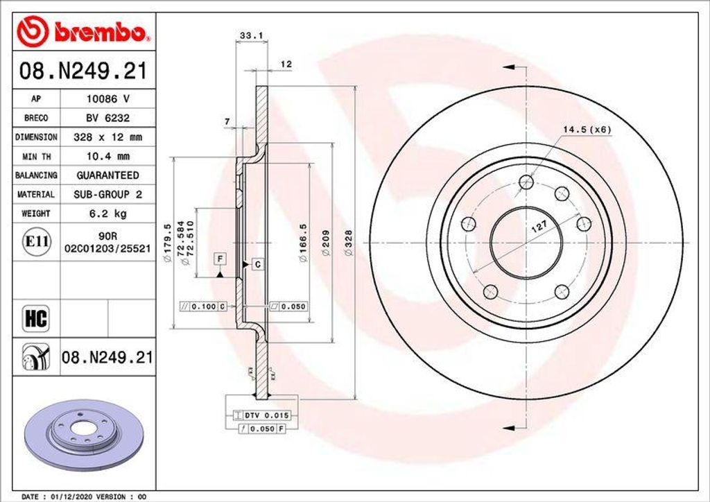 BREMBO 08.N249.21 Bremsscheibe OE 04779713AA kompatibel mit Voyager, Freemont