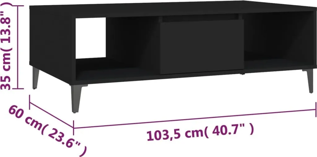 Table basse noire 103,5 cm robuste et spacieuse en bois composite