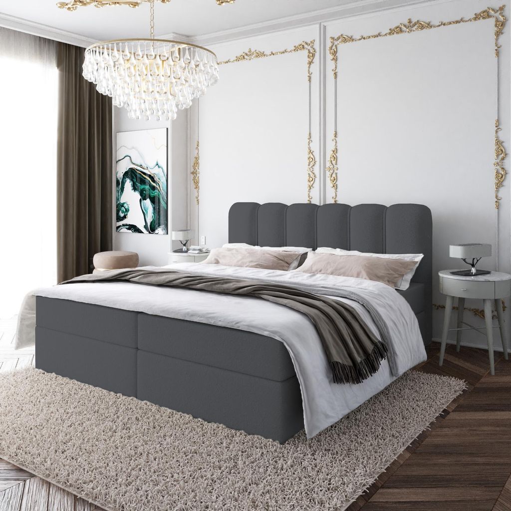 Boxspringbett NANDO ohne Topper Bett mit Bettkästen Polsterbett, Bettgestell, Doppelbett, Stauraum, Schlafzimmer (180x200, Dunkelgrau - Fredo 40)