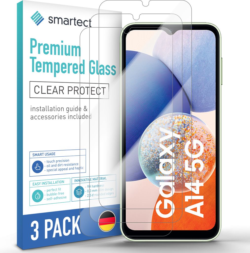 A product shot of a 3-pack of screen protectors for a Samsung Galaxy A14 5G phone, with the packaging prominently displayed.