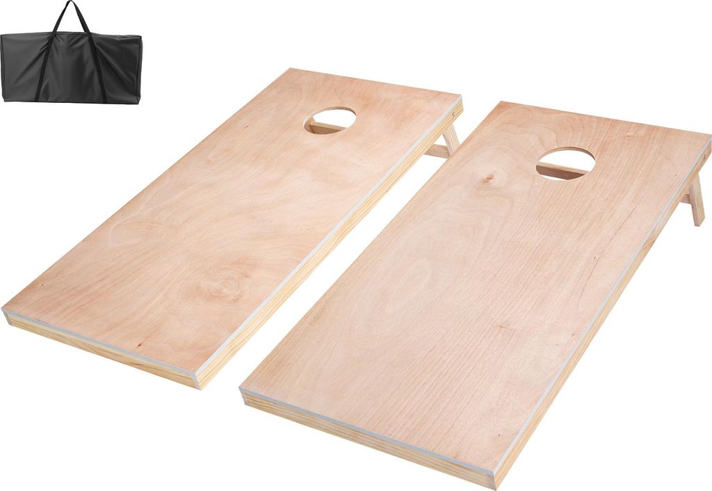 Two cornhole boards and a black carrying bag on a white background.