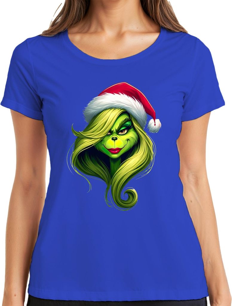 Grinch Weihnachten Geschenk grün Frau Santa Hut Haar lustig Damen T-Shirt, Blau, S
