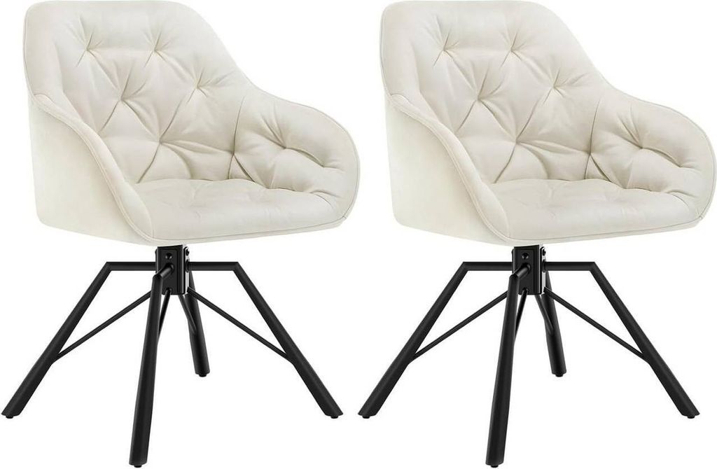 Two cream-colored swivel chairs with black metal legs are shown against a white background.