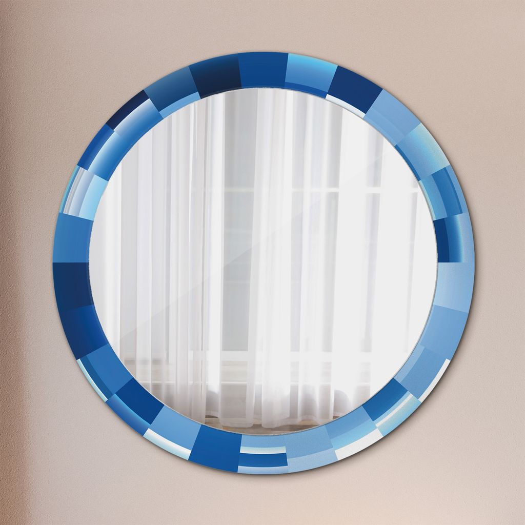 Ø80cm Spiegel - Glasrahmen mit Aufdruck - Wandspiegel Schlafzimmer - blau abstrakt