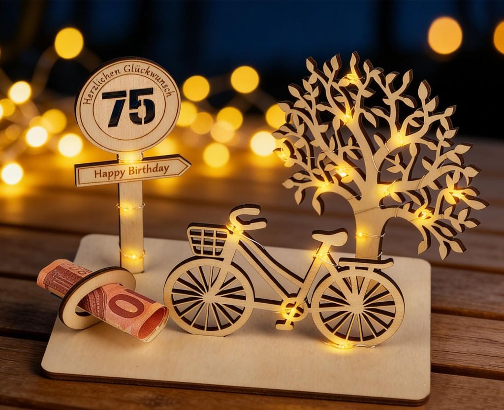 Geldgeschenk aus Holz zum 75. Geburtstag mit LED-Lichtern, einem Fahrrad und einem Lebensbaum.