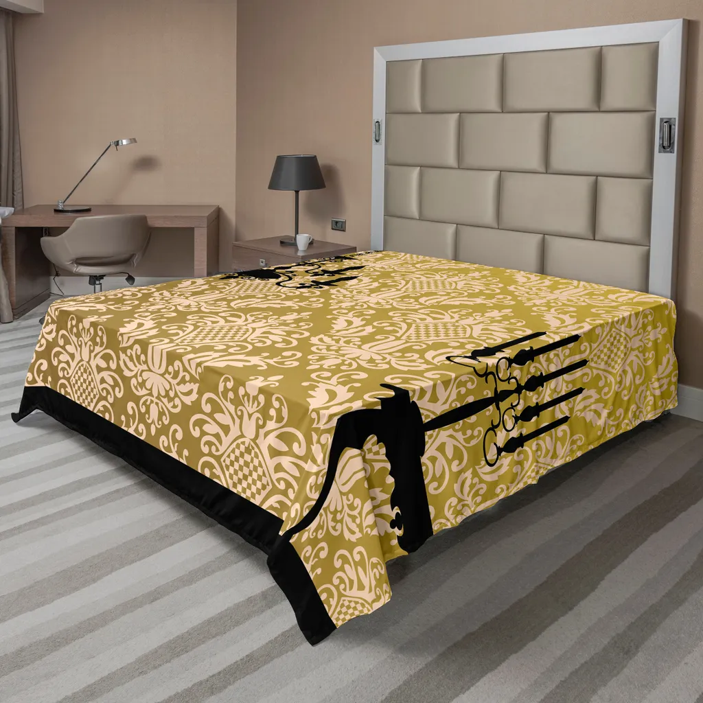 ABAKUHAUS Lenzuolo in damasco, motivo country inglese su parete e candelieri silhouette rinascimentali, lenzuolo morbido e confortevole per un letto decorativo 1 pezzo 260 cm x 228 cm, giallo nero