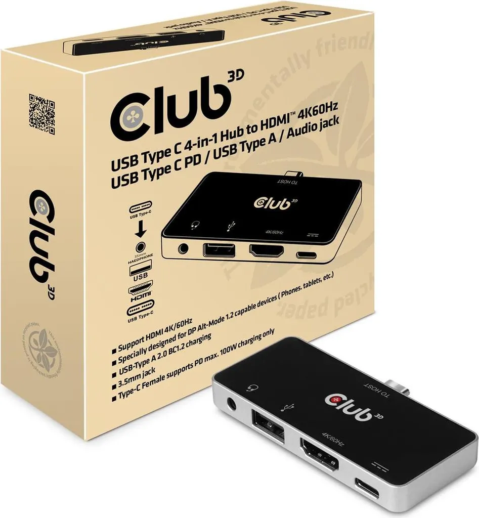 Club3D Hub USB C 4-in-1: 4K60Hz, PD, USB e Audio per Creator